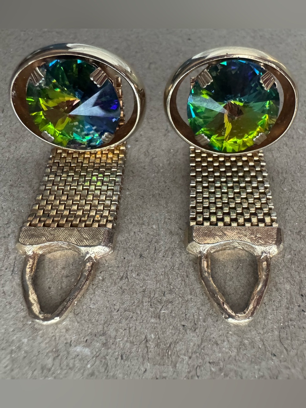 Vintage Gold Tone Wrap‎ Around Mesh Cufflinks Aurora Borealis Crystal Iridescent